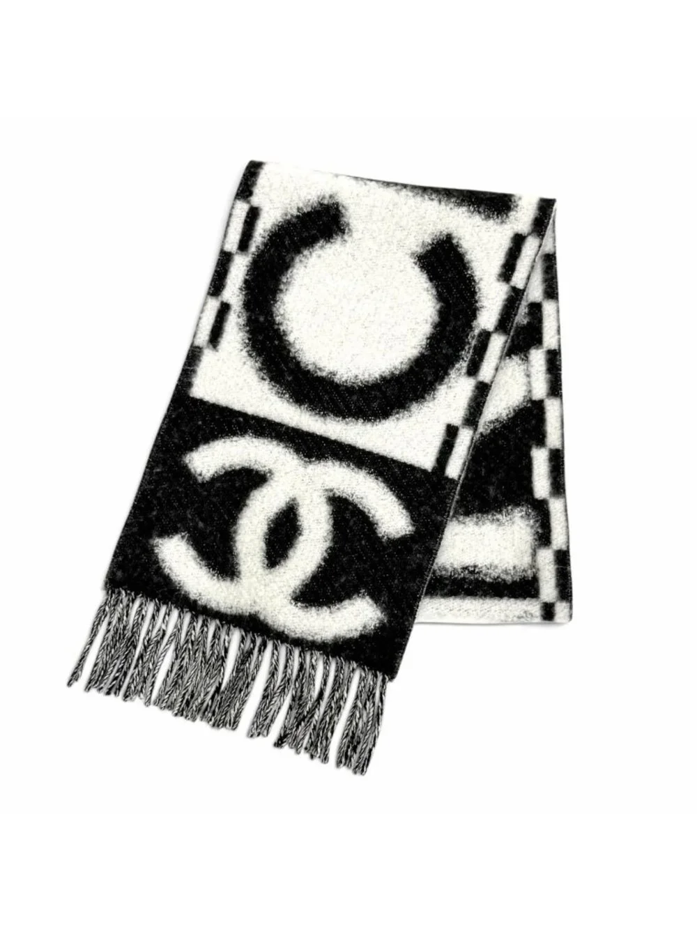 Chanel Cashmere Silk CC Logo Design Fringe Scarf White Black